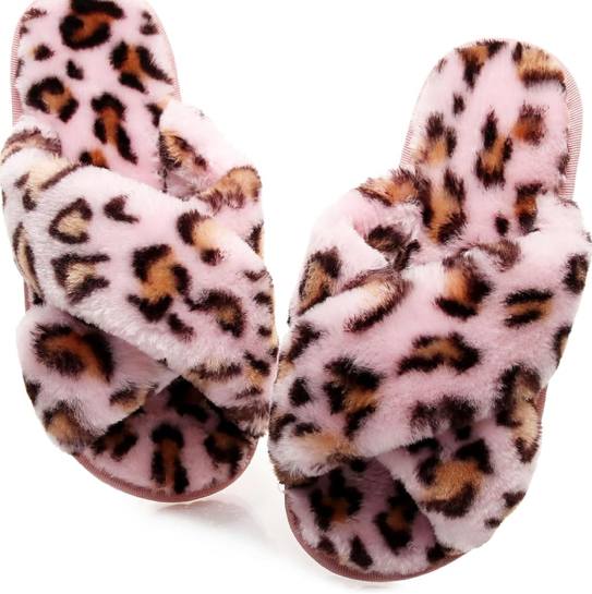 Crazy Lady Womens Fuzzy House Slippers Cross Band Memory Foam Sandals