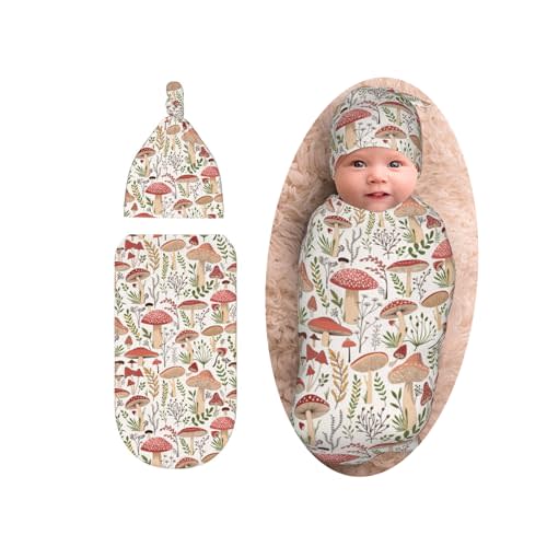Cute Mushroom Newborn Swaddle Blanket with Beanie Set, Soft and Stretchy Baby Blanket Swaddle Sack for Boy and Girl