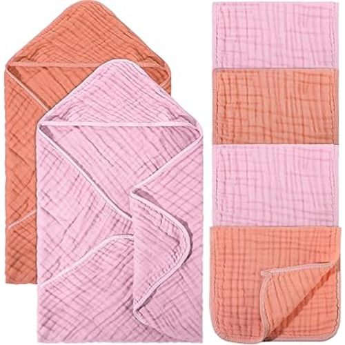 6 Pcs Baby Muslin Hooded Bath Towels and Washcloths, 32 x 32 Inch Muslin Cotton Hooded Baby Towels Absorbent Hooded Blankets for Gift Newborn Infant Baby Shower (Pink,Orange)