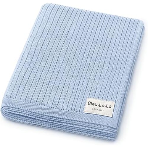 Organic Ribbed Swaddle Blanket for Boys & Girls - 100% Luxury Organic Soft Cotton Knit Warm Cozy Cuddle Stroller Blanket for Newborns, Infants, & Toddlers (Sky Blue)