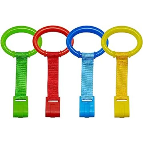 4 PCS 4 Colors Plastic Baby Crib Pull Rings Kids Walking Exercises Assistant Stand Up Rings Baby Cot Hanging Rings for Infant Baby Toddler Practice Tool