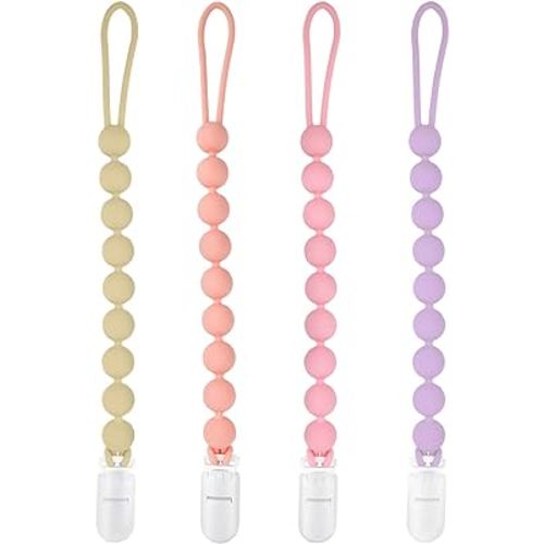 Silicone Pacifier Clip Holder, 4 Pack One Piece Soft Flexible Pacifier Holder Clip Binky Clips for Boys and Girls, Teething Relief, Baby Newborn Essentials, Birthday Christmas Shower Gift