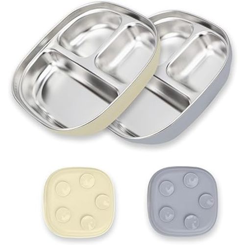 Stainless Steel Toddler Plates with Suction | Non-Slip Divided Baby Plates BPA Free & Non Toxic | Detachable Silicone Base| Dishwasher Safe | Unbreakable Kids Dinnerware 2-pack(yellow + grey)