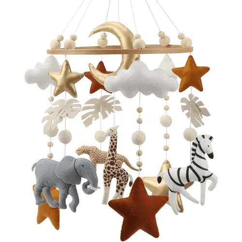 Safari Mobile for Crib - A Handmade Gender Neutral Safari Crib Mobile with Gold Stars and Clouds for a Jungle Theme Nursery