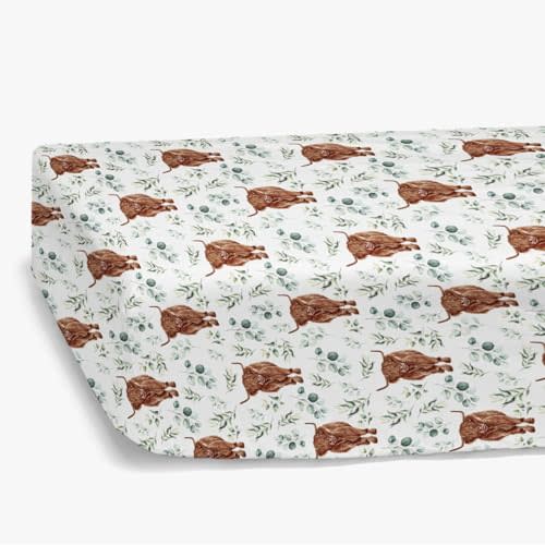 HawSkgFub Highland Cow Eucalyptus Leaf Fitted Standard Crib Sheet for Baby Boy Girl, Neutral Western Farm Animal Yak Toddler Mattress Cover, Soft Stretchy Nursery Bed Sheets Decor Kids Gift 52" x 28"