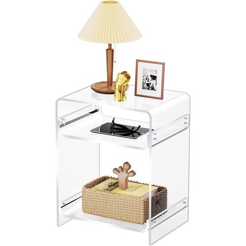 Acrylic End Table Record Player Table with Storage Shelf Clear Side Table Nightstand (Orange, 15.7x19.7x11.8) (Clear)