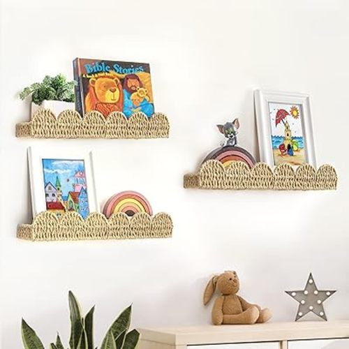 AELS Scalloped Nursery Bookshelf, Set of 3, Picture Ledge Shelf for Wall Decor, Woven Straw Paper Floating Shelves for Books, Toys, Photo Frames, Nursery, Boho Modern Farmhouse Book Shelf