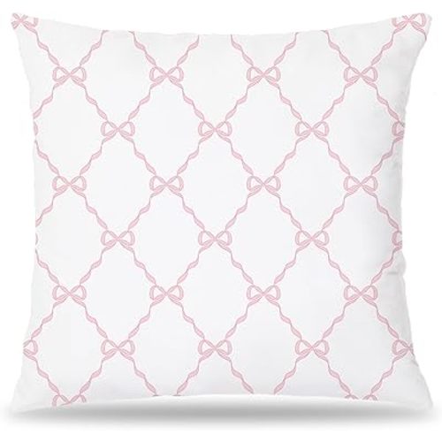 Coquette Pink Bow Pillow Covers 18x18, Coquette Room Decor, Pink Preppy Block Print Pillow Covers, Preppy Room Decor, Girly Bedroom Decor, Coquette Stuff, Pink Room Decor, Bow Room Decor