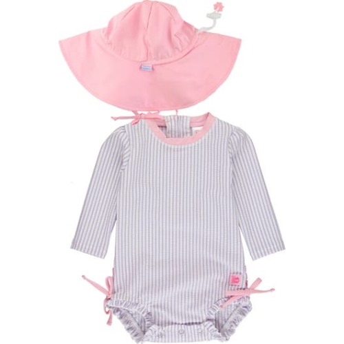 Seersucker Long Sleeve One-Piece Rashguard Swimsuit & Hat Set, 0-3M