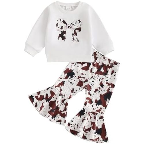 Ayalinggo Western Baby Girl Clothes Toddler Kids Long Sleeve Bow Sweatshirt Bell Bottoms Sets 2pcs Infant Spring Fall Outfits