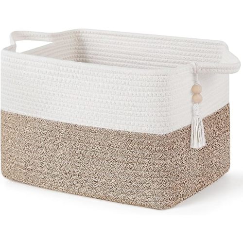 Mkono Woven Storage Basket, Cube Cotton Rope Basket for Shelves, Clothes, Toys, Towels, Books, Rectangle Bin with Handles for Organizing, Decorative Gift, 13'' x 10'' x 9'', Brown and White (1 Pack)