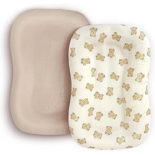 Muslin Baby Lounger Cover 2 Pack, 100% Cotton Newborn & Infant Lounger Cover, Soft and Breathable Lounger Slipcover for Boys Girls, Covers Only (Bear, Brown)