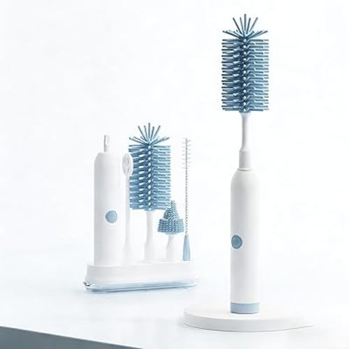 Rechargeable Electric Bottle Brush with Stand - 360° Spin Silicone Cleaner for Baby Bottles, Breast Pumps & Small Household Containers (Sea Blue)