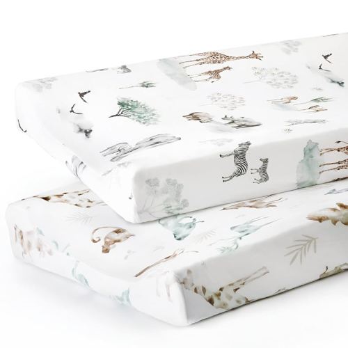 GRSSDER Stretch Ultra Soft Jersey Knit Changing Pad Cover Set 2 Pack, Change Table Pad Covers Fit 32"/34" x 16" Pads Safe and Snug, Stylish Pattern for Boys and Girls, African Savannah Animals