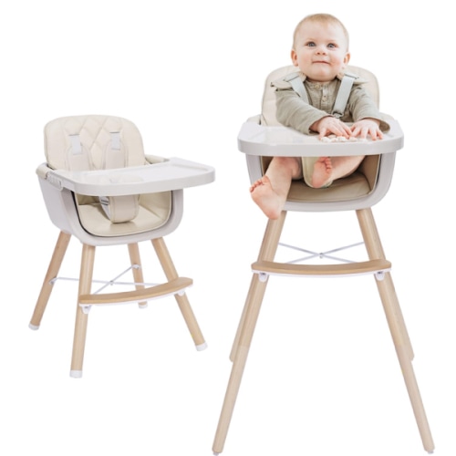 3-in-1 Convertible Wooden High Chair, High Chairs for Babies and Toddlers, Baby High Chair with Adjustable Legs & Dishwasher Safe Tray, Made of Sleek Hardwood & Premium Leatherette, Brown Color