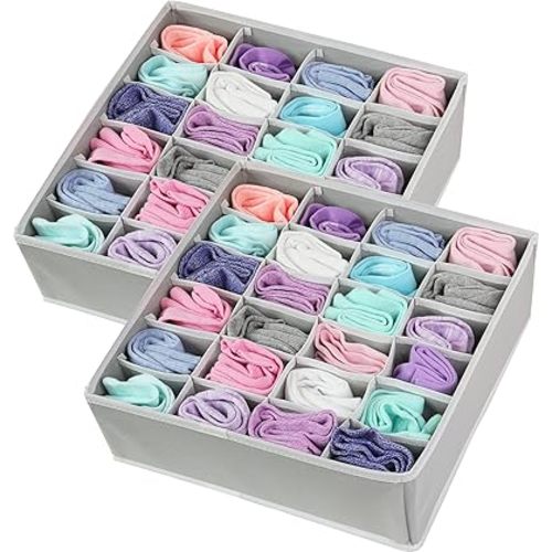 Simple Houseware 2 Pack Closet Socks Organizer, 24 Cell Drawer Divider, Grey
