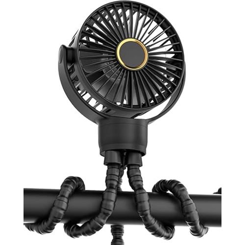 Portable Stroller Mini Fan, Small Rechargeable Personal Cooler w/ 360° Rotation, 3-Speed, Battery Powered Stroller Accessories, Baby Essentials for Car Seat, Crib, Bike, Treadmill, Black