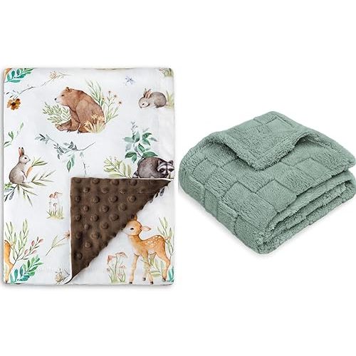 HOMRITAR 2 Pack Baby Blanket for Boys Girls with Woodland Animals Printed 3D Fleece Fluffy Fuzzy Baby Blanket with Chessboard Grid Design Sage 30 x 40 Inch(75x100 cm)