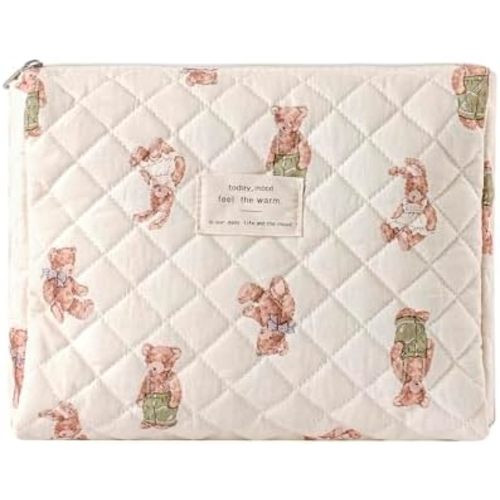 uekeboag Quilted Cotton Makeup Bag,Coquette Quilted Toiletry Bag for Women and Girls,Floral Coquette Pouch,Cute Kawaii Travel Cosmetic Bags(White Bear)