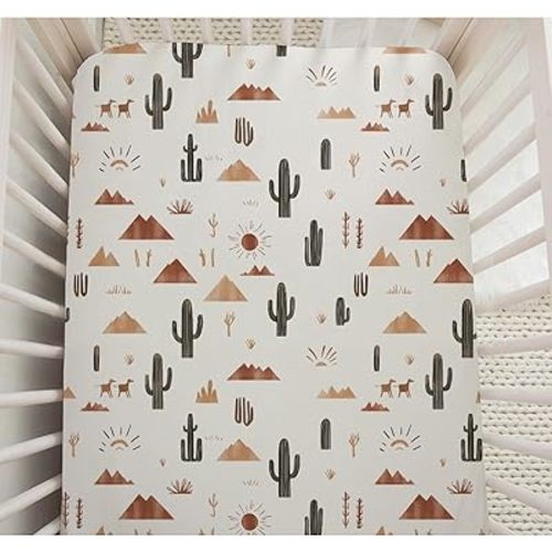 Vintage Western Desert Cactus Mountain Sun Baby Crib Sheets for Boys Girls Wild Country Cowboy Fitted Crib Sheets Retro Tribal Plant Kid Crib Fitted Sheets Crib Cover 52''x28'' Desert 52x28in