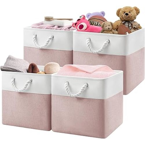 13x13x13 Storage Cube Bins,Set of 4, Large Foldable Fabric Storage Cubes with Handles for Organizing Home, Closet, Clothes, Toy, Book, Office (White&Pink)