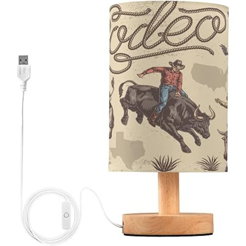 VIGTRO Table Lamp with USB Retro Rodeo Bulls Bedroom Nightstand Lamps, Wild Cowboy Wood Base LED Desk Light for Living Room, Office