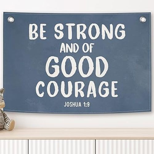 Kids Bible Verse Christian Banner, Vintage Blue Scripture Be Strong Boys Prayer Room Decor, Inspirational Canvas Flag Wall Hanging Decor Art for Playroom Toddler Room Bedroom Dorm 20x30in
