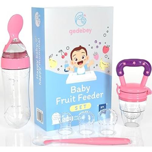 Baby Fruit Food Feeder Pacifier - 3 Pack | 1 Baby Feeder & 1 Baby Food Bottle Feeder & 1 Baby Food Spoon Feeder | Silicone Feeder | Forage Feeder | Baby Feeding Set | Mesh Baby Feeder Teether (Pink)