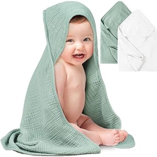 Konssy 2 Pack Muslin Hooded Baby Towels Soft 100% Cotton Baby Bath Towel for Newborn, Infant Ultra Absorbent, Natural Baby Stuff Baby Bath Shower Gifts for Boy and Girl (White,Green,32" x 32")