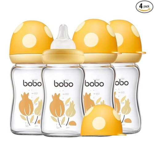 YOHKOH Natural Glass Baby Bottle with Level 1 Slow Flow Nipple, Newborn Anti-Colic Baby Bottles, Wide Neck Mushroom Baby Glass Bottle (Yellow, (5.4oz (Pack of 4))