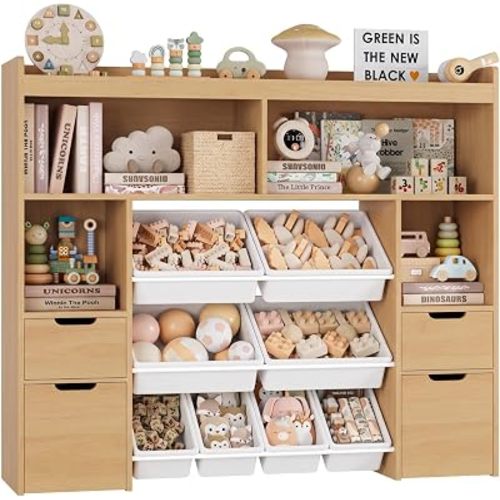 HORSTORS 55" W Toy Storage Organizer, Large Kids Bookshelf, Toy Box, Oak