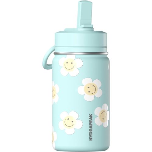 Hydrapeak Mini 14oz Fun Sticker Print Water Bottle with Straw Lid, Stainless Steel Double Wall Insulated Water Bottle, Leak-Proof and Spill-Proof Water Bottle, Smile Grid Alpine
