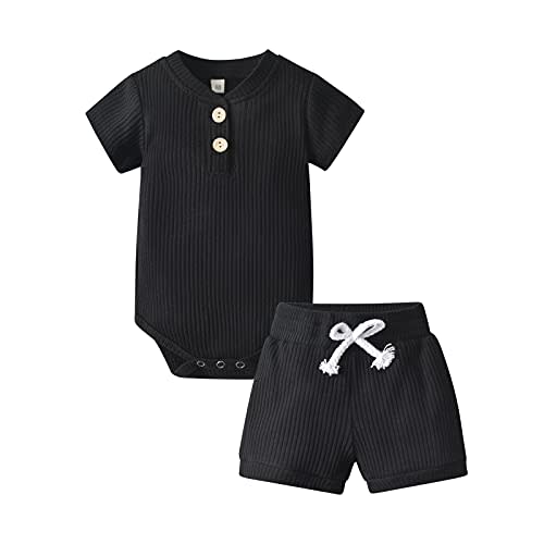 Derouetkia Summer Newborn Baby Boy Girl Clothes Solid Color Ribbed Romper and Shorts Outfits Set