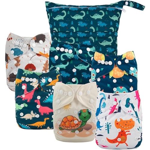 babygoal Cloth Diaper Covers 6 Pack with Wet Bag for Fitted Diapers and Prefolds with Double Gussets, Adjustable and Reusable for Baby Boys 6DCF14-B