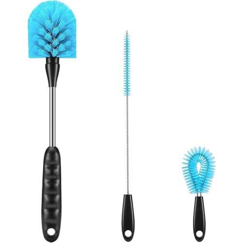 12.2 inch Bottle Brush Set of Three，Washable Coffee Cups, Water Bottles, Baby Bottles, Straws, to-go Cups, Long-Handled 3-in-1 Stainless Steel Bottle Brushes. (Blue)