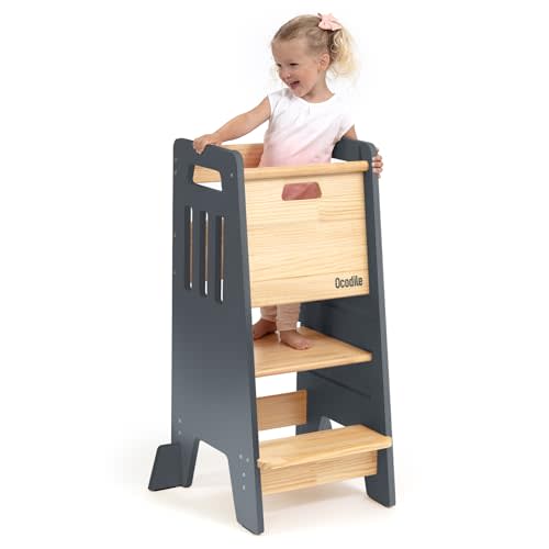 OCODILE Toddler Tower with a Sliding Door and 3 Adjustable Heights - Complete Toddler Kitchen Stool Helper with Support Feet - Safe Design for 18+ Months to 6-Year-Old Kids - Gray