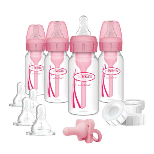Dr. Brown's Anti-Colic Baby Feeding Set with Slow Flow Nipples, Travel Caps, Silicone Pacifier - Pink C24