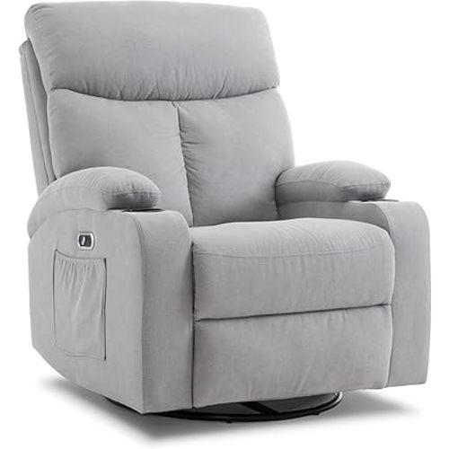 Power Swivel Rocker Recliner Massage Chair for Adults, Electric Rocking Glider,USB and Type-C Ports, Upholstered Fabric Reclining Sofa Chair for Living Room(Grey)