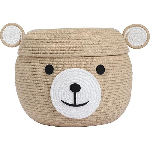 Cottonphant Handcrafted Animal Inspired Basket with Lid | Cotton Storage Solution for Organization in Bedroom | Perfect Organizer for a Shower or Retreat, Beige Bear, 15"x12"