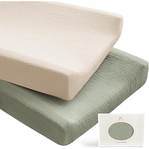 Konssy 2 Pack Muslin Changing Pad Covers for Boys, Ultra Soft & Breathable Cotton Baby Diaper Changing Table Covers, Neutral Nursery Diaper Changing Pad Sheets (Fog Green,Cream)
