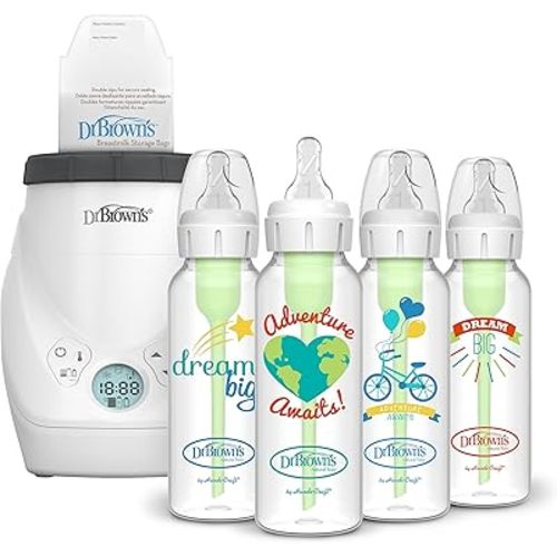 Dr. Brown's Milk Spa Breast Milk & Bottle Warmer with Anti-Colic Options+ Narrow Baby Bottles 8 oz/250 mL, with Level 1 Slow Flow Nipple, 4 Pack, Dream Adventure, 0m+