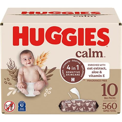 Huggies Calm Baby Diaper Wipes, Unscented, Hypoallergenic, 10 Push Button Packs (560 Wipes Total) - 560 Count (Pack of 10)