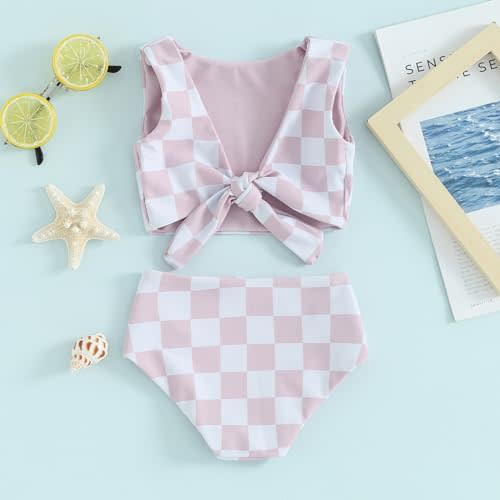 Toddler Baby Girl Two Piece Swimsuit Checkered Print Knotted Swim Top and Bottom Tankini Bikini Set Kid Bathing Suit