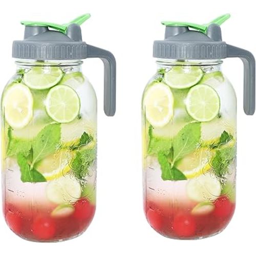 Glass Mason Jar Pitcher Half Gallon Wide Mouth Jar With Pour Spout 64 Oz Sun Tea Jar Breast Milk Fridge Pitcher 2 Quart Airtight Leak Proof For Cold Brew, Iced Tea, Beverage