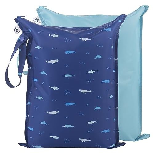 Tiny Twinkle Mess-proof Waterproof Wet Dry Bag | 2 Pack Reusable for Swimsuits, Gym & Baby Clothes | Leakproof Wet Clothes Bag, Beach Travel Essentials (Ocean)