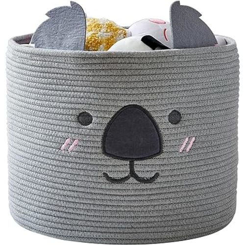 OMERAI Animal Koala Basket, Cute Cotton Rope Woven Large Blanket Basket, Toy Storage for Nursery decor and Laundry Organizer with Handles, baby hamper shower gift, 15" D x 12.6" H, Grey