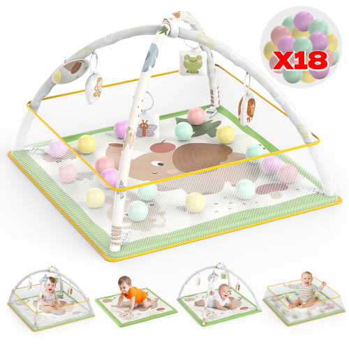 WonderStone 5-in-1 Baby Gym & Play Mat, Tummy Time Toys with Sensory Toys & 18 Balls for Newborns and Infants 0-12 Months,Elephant