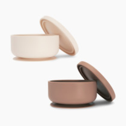 AEIOU Suction Bowl with Lid - Clay + Oat Milk