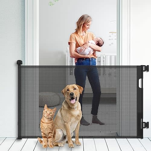 Upgraded Retractable Baby Gate for Stairs, 33"Tall Expands 70"Wide Ideal Safety Solution Dog Gate for Stairs Doorways Hallways Indoor/Outdoor Mesh Baby Gate Retractable Screen Door(Black,86CMx180CM)