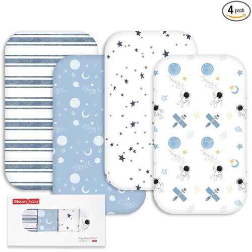 Gllquen Baby Bedside Sleeper Sheets 33x20 Inch 4 Pack - Fitted Crib Mattress Covers, Ultra Soft Oeko-TEX Certified Bassinet Sheets for Girls Boys, Gift Ready Box for Baby Shower (Astronaut)